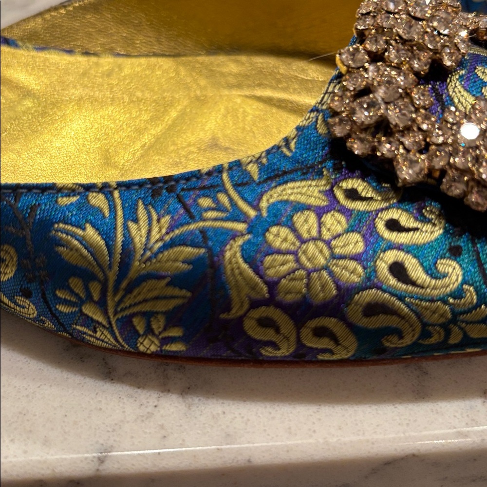 Manolo Blahnik Gold and Blue Designer Flats